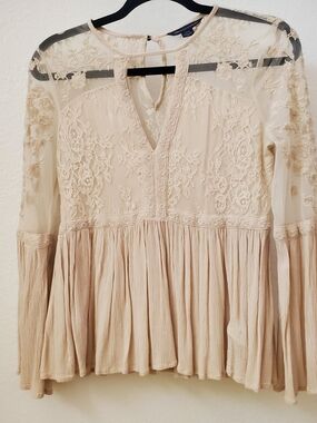 American Eagle Outfitters Embroidered Cream Peasant Blouse